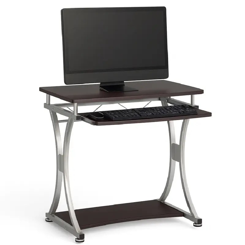 Scrivania Porta PC Tavolo Studio con Porta Tastiera e Ripiani Metallo e Legno Silver Marrone