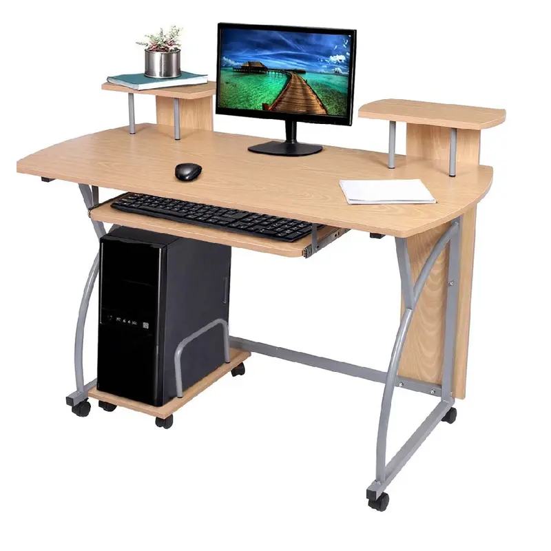 Scrivania Porta PC Tavolo Studio con Porta Tastiera e Ripiani Metallo e Legno