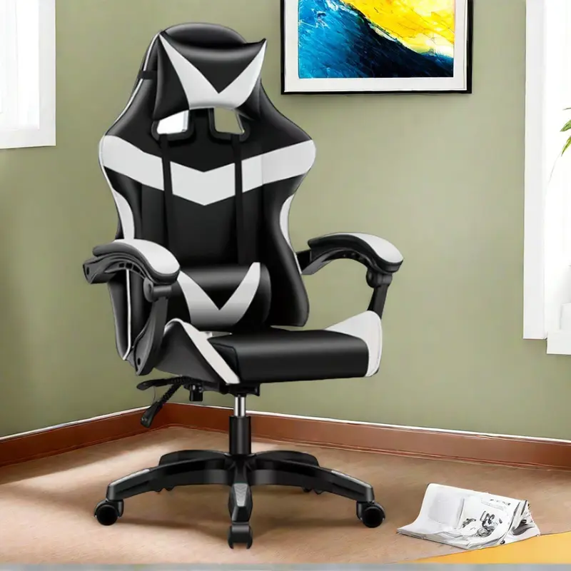 Sedia Gaming Ergonomica Reclinabile a 125° Poggiatesta e Cuscino Lombare Bianco