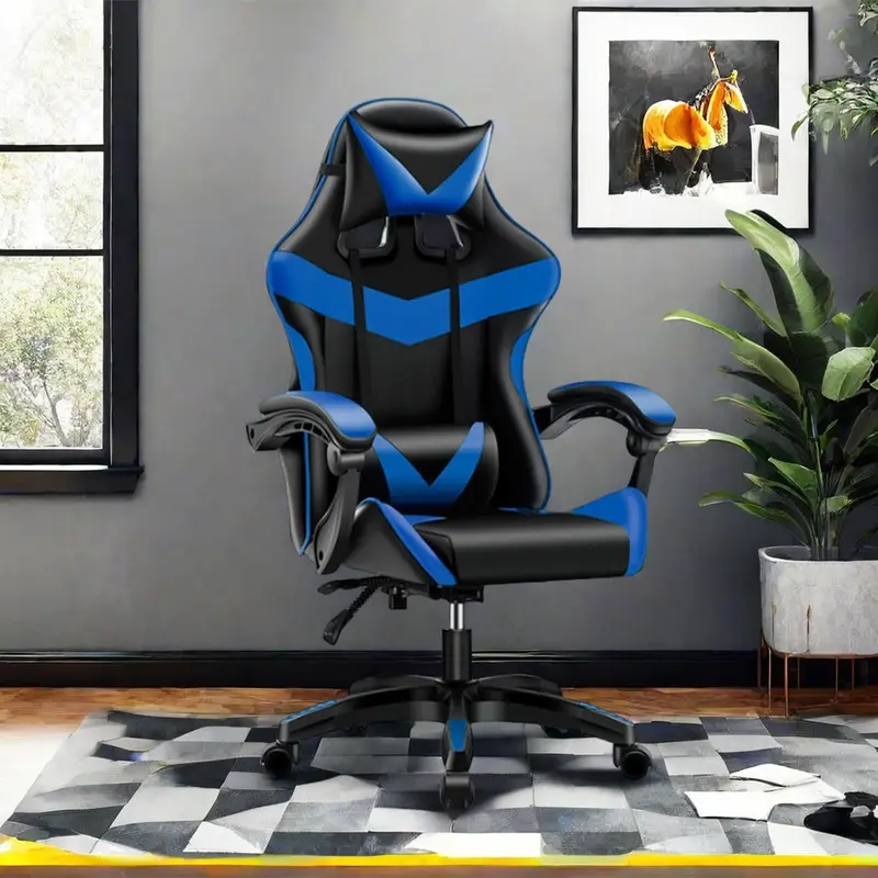 Sedia Gaming Ergonomica Reclinabile a 125° Poggiatesta e Cuscino Lombare Blu