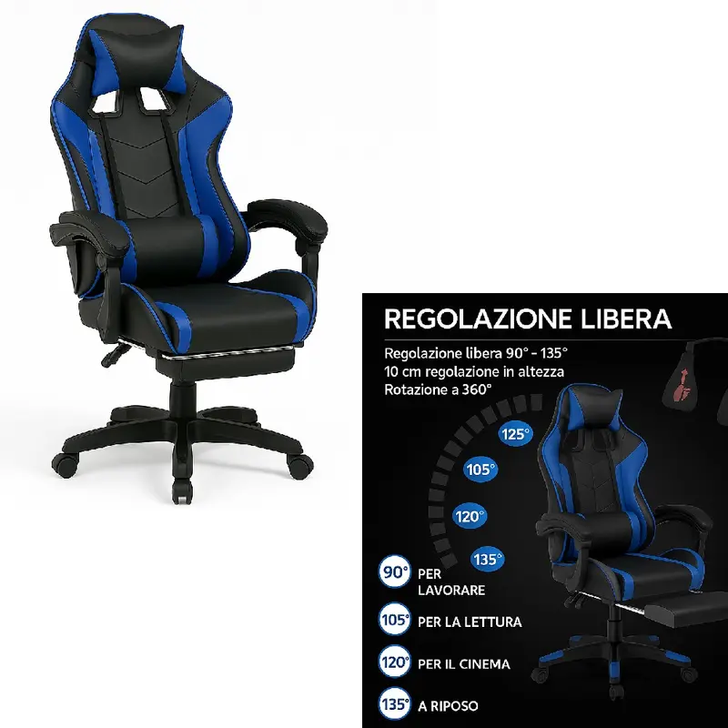 Sedia Gaming Ergonomica Reclinabile in Ecopelle con Poggiapiedi e Cuscini Lombari