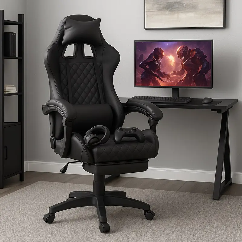 Sedia Gaming Ergonomica Reclinabile in Ecopelle con Poggiapiedi e Cuscini Lombari Nero