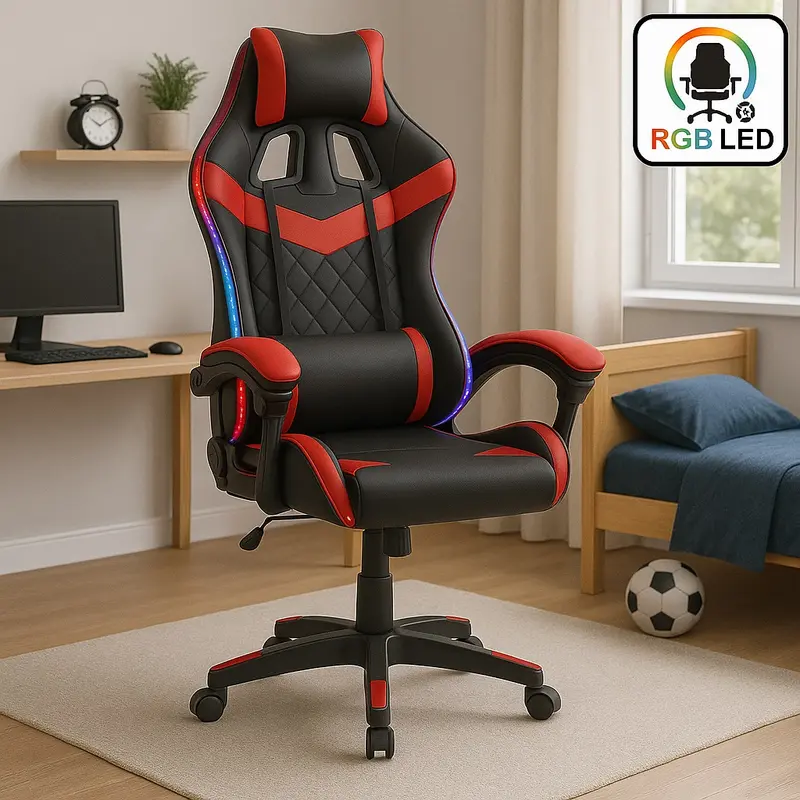 Sedia Gaming Scrivania Led RGB Ergonomica Altezza Eegolabile con 2Cuscini Nero Rosso