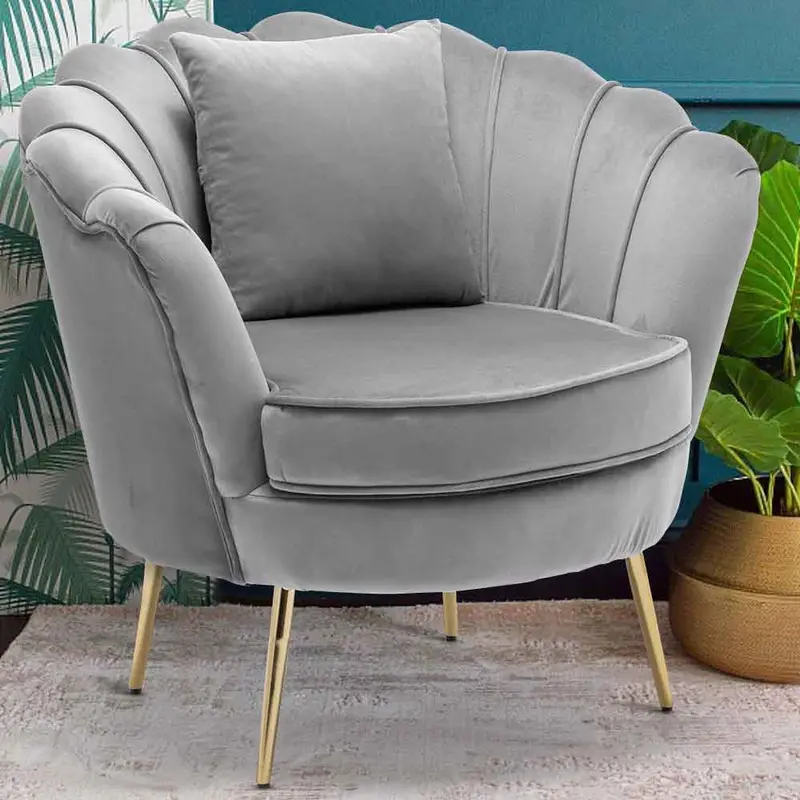 Sedia Poltrona Relax Velluto e Metallo Imbottita Design Moderno Grigio Piedi Oro