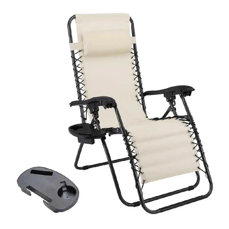 Sedia Sdraio Cordonata Gravità Zero Reclinabile Pieghevole Vassoio Laterale Beige