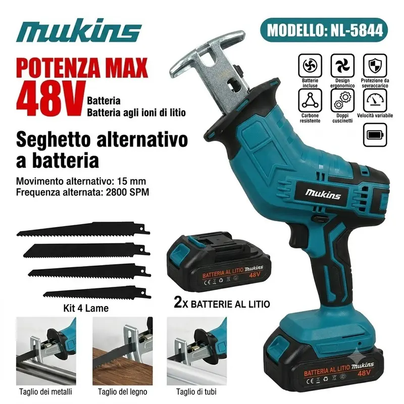 Sega Seghetto a Gattuccio a Batteria Senza Fili 21V 2 Batterie lame