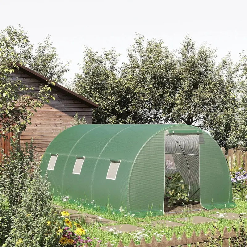 Serra a Tunnel da Giardino e Orto 4.5x3x2m, Copertura in PE, Porta e Finestre Avvolgibili, (Verde)
