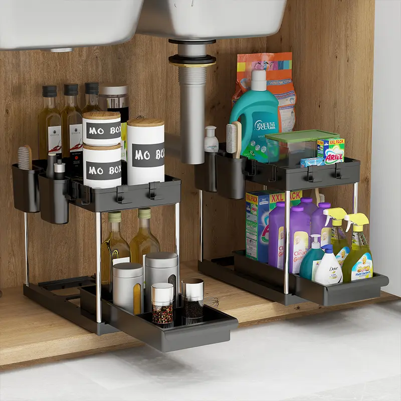 Set 2 Organizer Sottolavello Nero Bagno Cucina Cassetto Scorrevole Salvaspazio