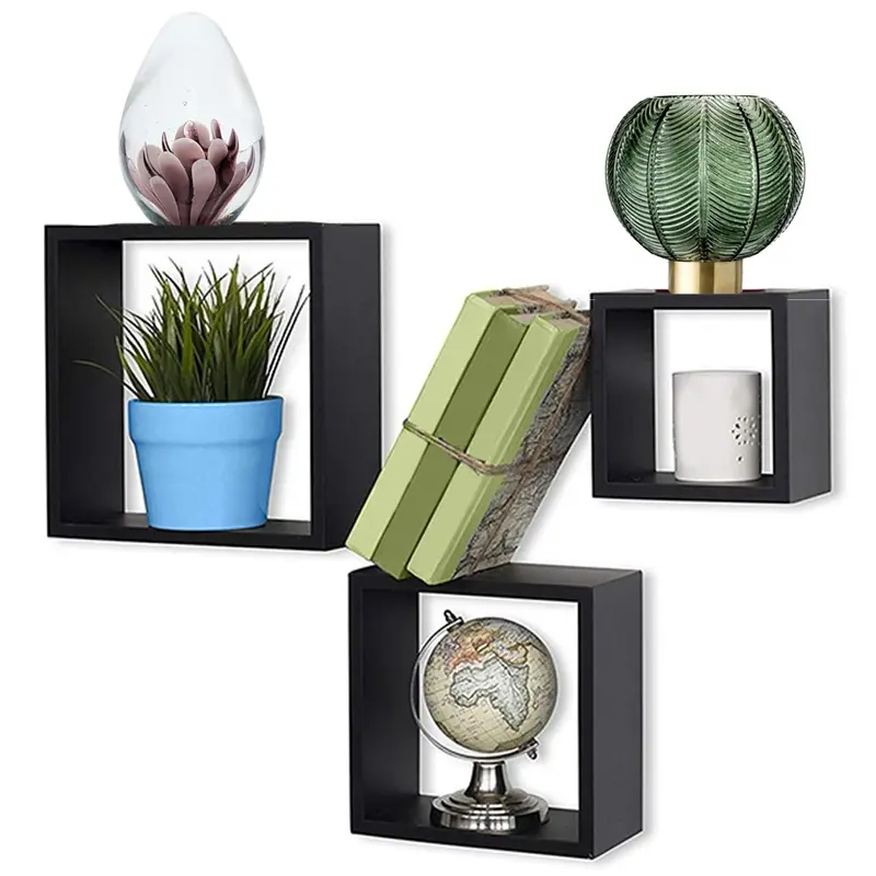 Set 3 Mensole Cubo Moderne in Legno MDF Design Minimalista Scaffale Parete Nero