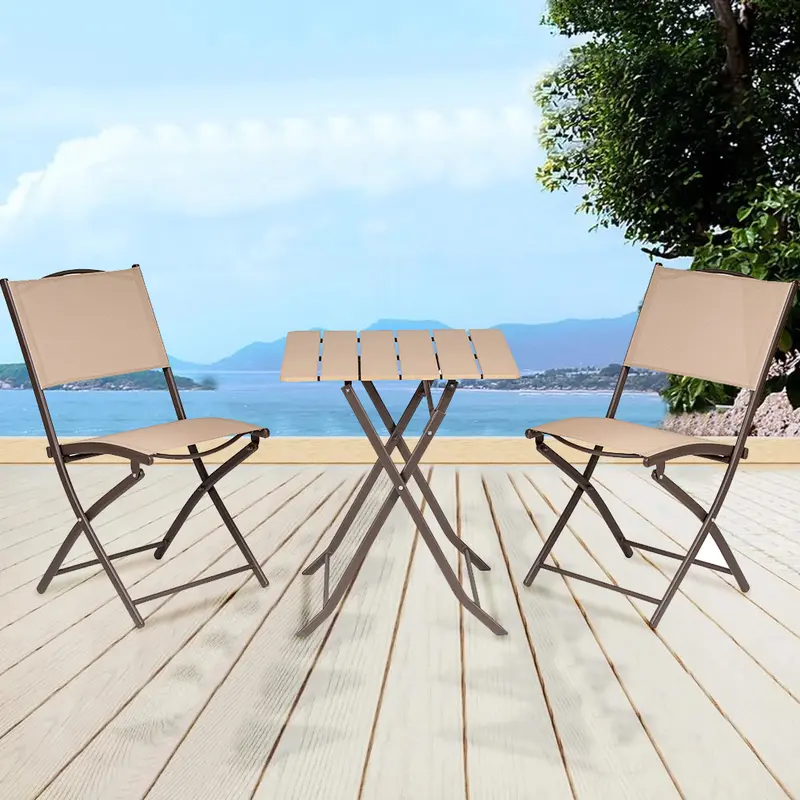Set 3 Pezzi Tavolo con 2 Sedie Bar Hotel B&B Giardino Metallo Verniciato Pieghevole Beige