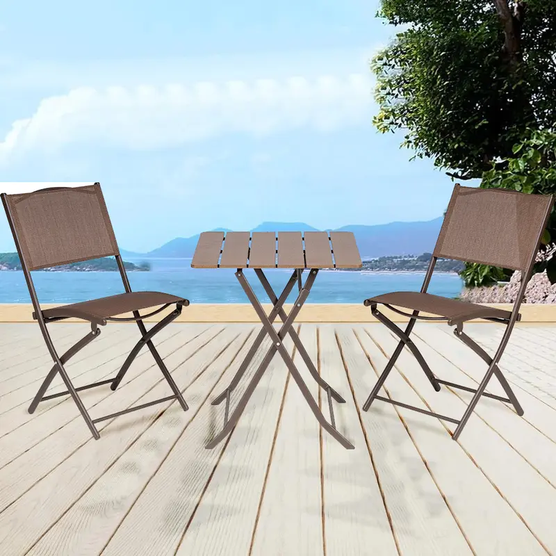 Set 3 Pezzi Tavolo con 2 Sedie Bar Hotel B&B Giardino Metallo Verniciato Pieghevole Marrone
