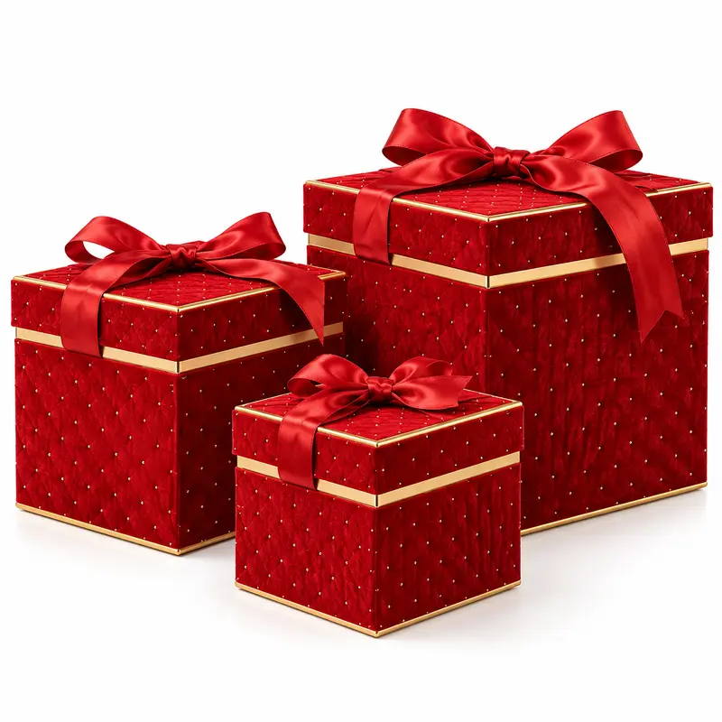 Set 3 Scatole Quadrate Natalizie con Coperchio e Fiocco 16/20/25 cm Bordeaux