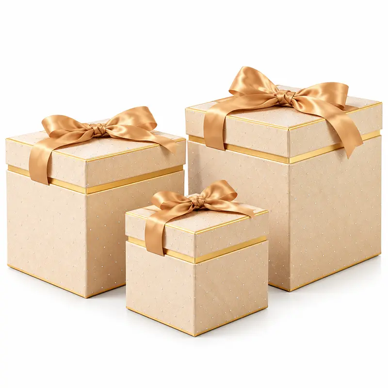 Set 3 Scatole Quadrate Natalizie con Coperchio e Fiocco 16/20/25 cm Champagne
