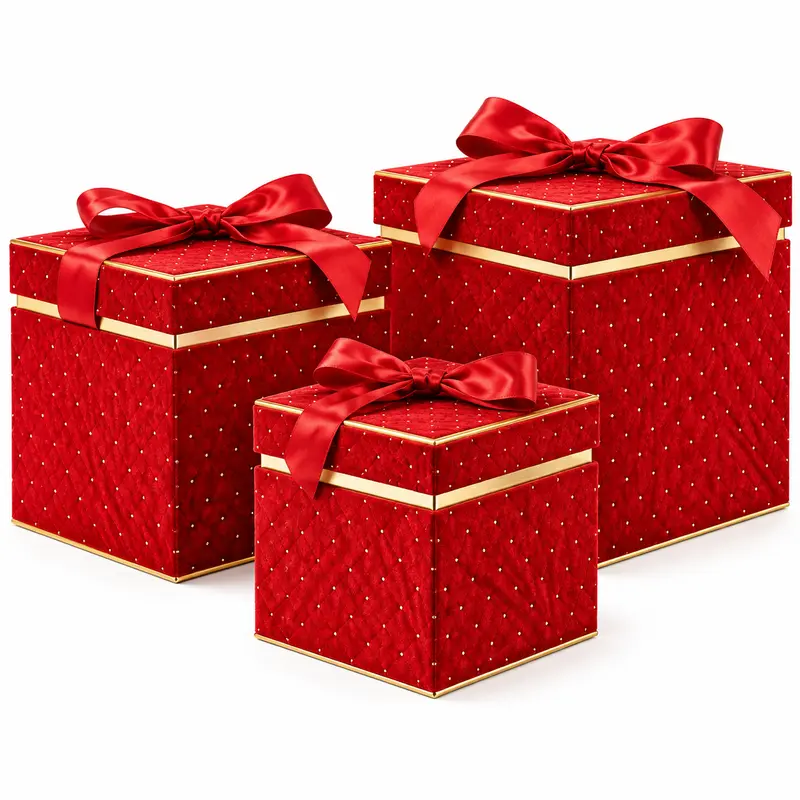 Set 3 Scatole Quadrate Natalizie con Coperchio e Fiocco 16/20/25 cm Rosso