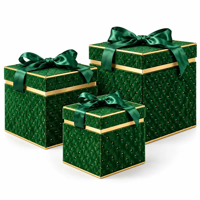 Set 3 Scatole Quadrate Natalizie con Coperchio e Fiocco 16/20/25cm Verde