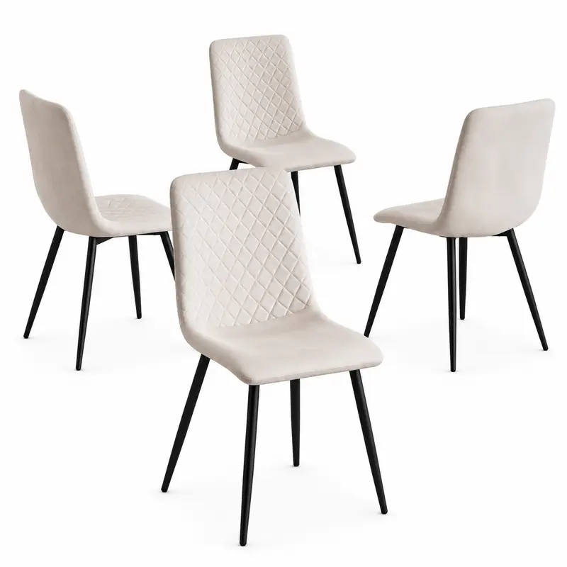 Set 4 Sedie da Pranzo in Velluto Gambe Metallo Nero Seduta Ergonomica Moderna Beige