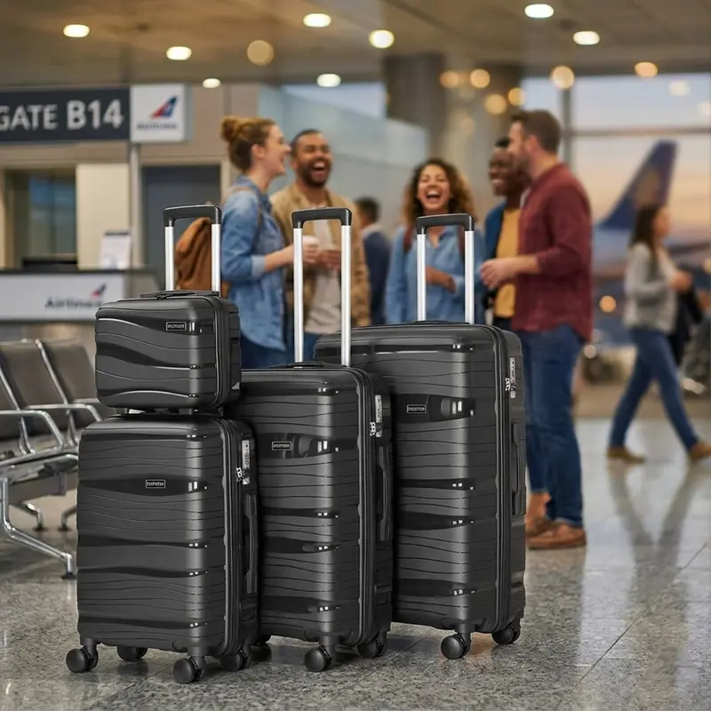 Set 4 Valigie Rigide Polipropilene Trolley Beauty Case Ruote 360 Nero