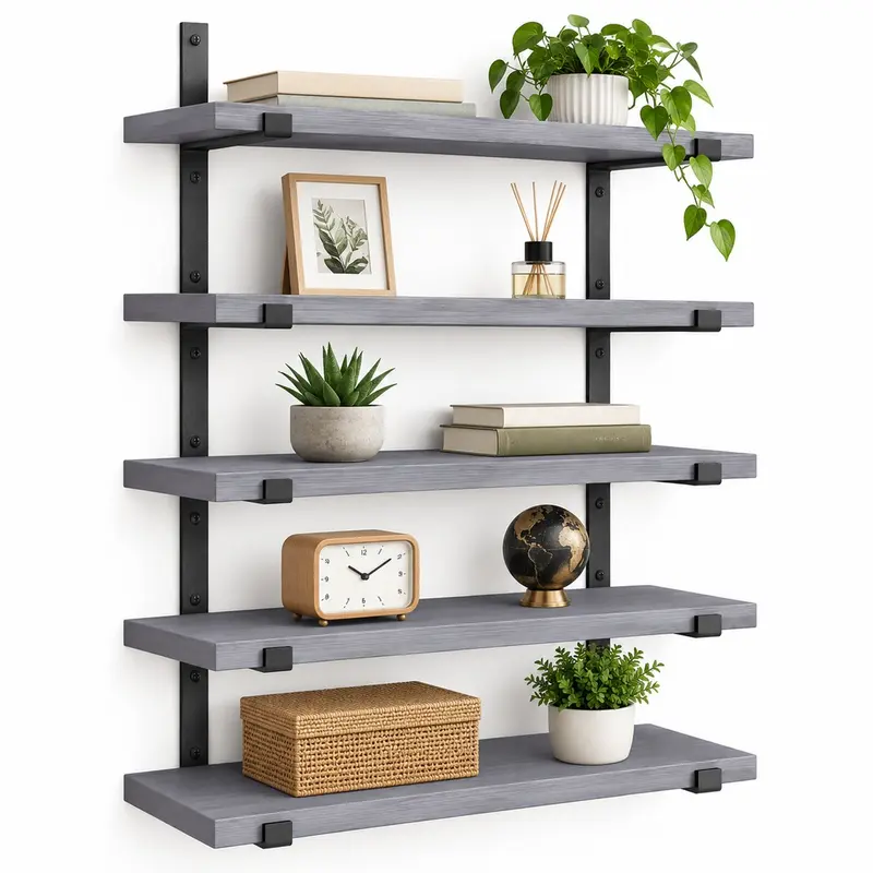 Set 5 Mensole da Parete 40x12 cm in Legno Grigio con Staffe in Metallo Nero