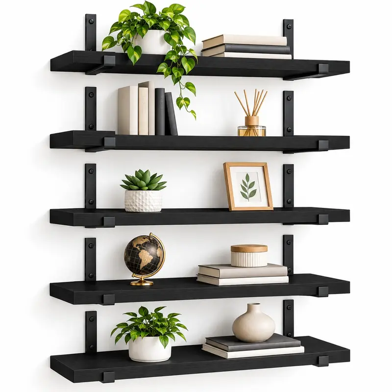 Set 5 Mensole da Parete 40x12 cm in Legno Nero con Staffe in Metallo Nero