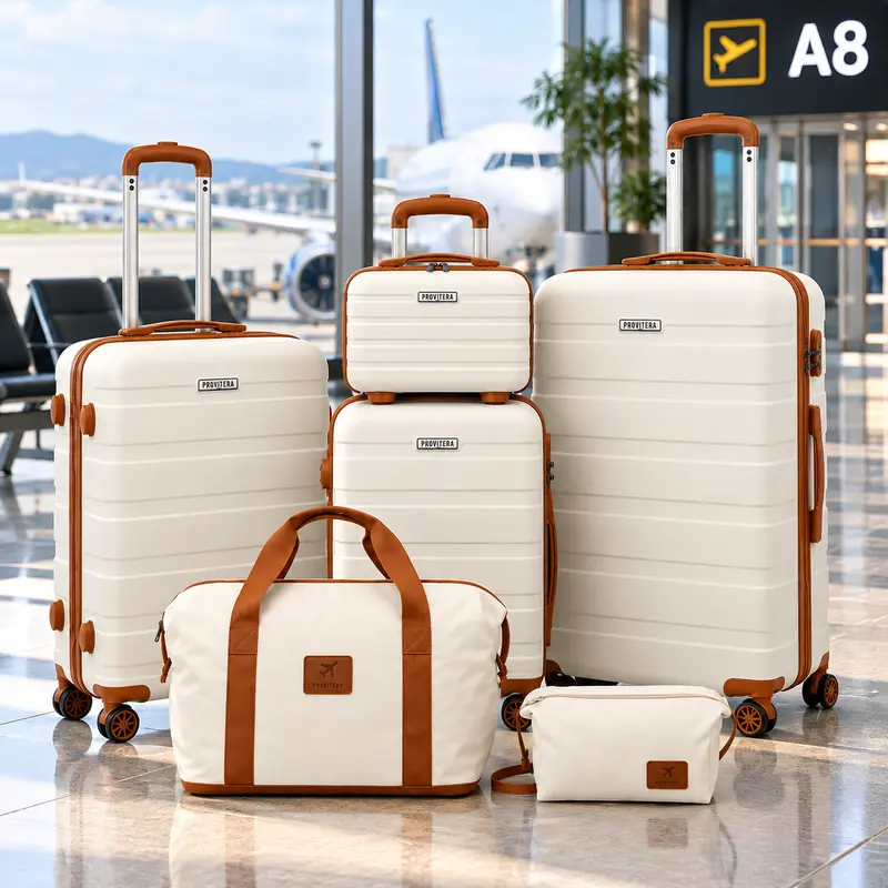 Set 6 pezzi Valigie Rigide Family Abs Trolley H. 55/66/75 cm con Beauty case e Borsoni Beige