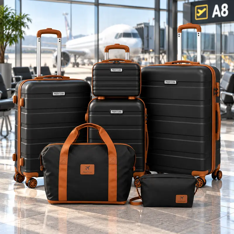 Set 6 pezzi Valigie Rigide Family Abs Trolley H. 55/66/75 cm con Beauty case e Borsoni Nero