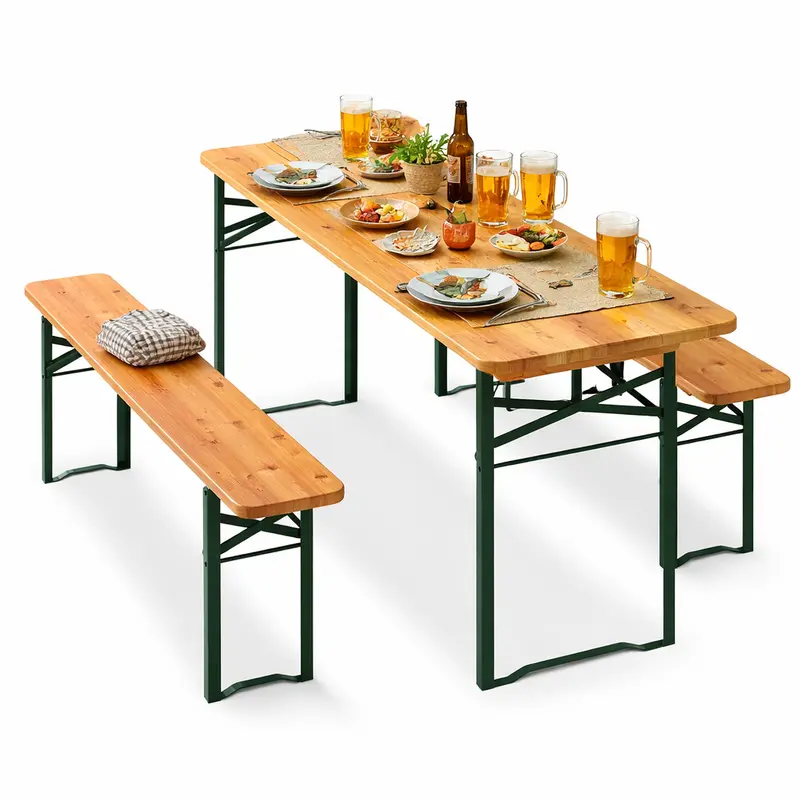 Set Birreria con Tavolo 170 cm e 2 Panche Legno Abete Interno Esterno Pieghevole