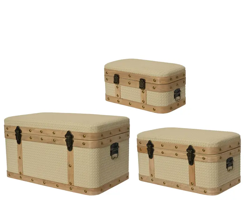 set Cassapanca rettangolare in MDF con bordo in legno e chiusura in rame, motivo intrecciato.