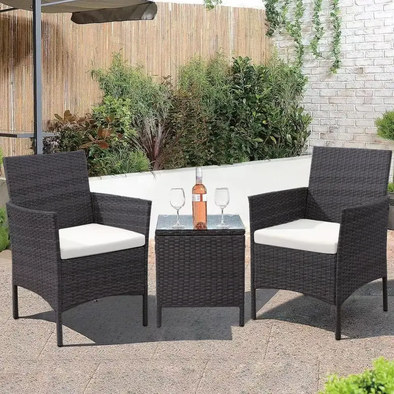 Set da Giardino 2 Poltrone 1 Tavolino Rattan Intrecciato Grigio e Cuscini Beige
