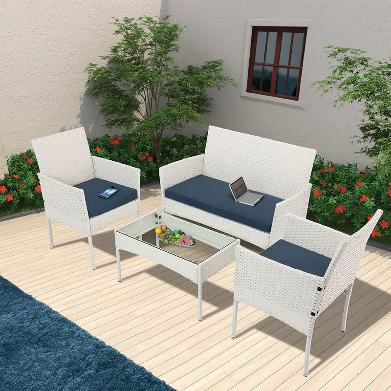 Set da Giardino 4pz in Polyrattan 2 Poltrone 1 Tavolino 1 Divano uso Esterno Bianco