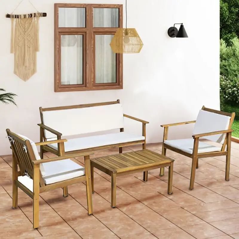 Set da Giardino in Legno di Acacia con Divanetto, 2 Sedie e Tavolino, Cuscini inclusi