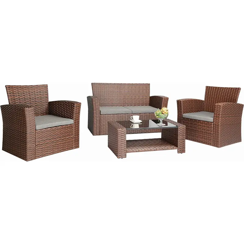Set da Giardino in Rattan 2 Poltrone, Divano 2 posti e Tavolino con Cuscini Grigio