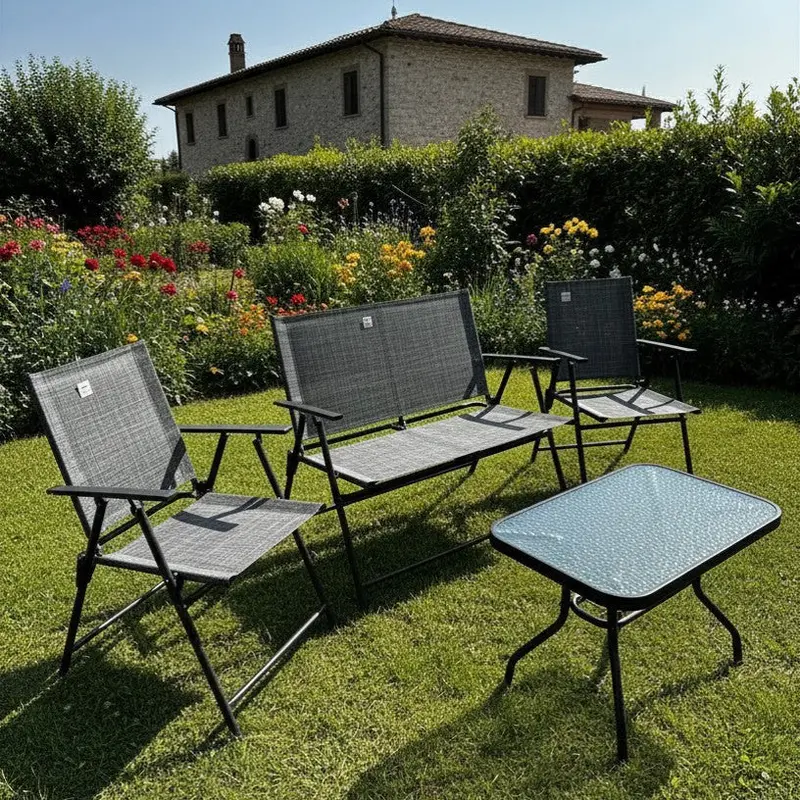 Set da Giardino in Textilene Grigio – Pieghevole con Tavolino in Vetro