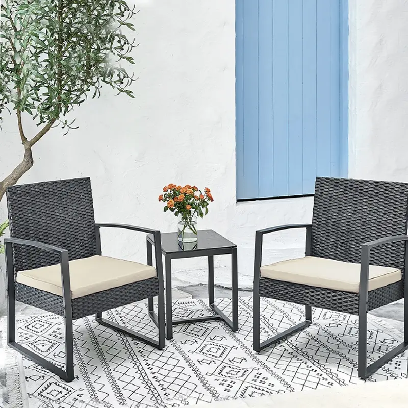 Set da Giardino Tavolino e 2 Poltrone in Polyrattan Nero e Tortora con Cuscini