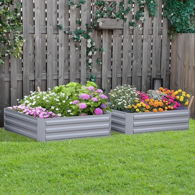 Set di 2 Letti per Orto Rialzati con Fondo Aperto, In Metallo, 100x100x30 cm, (Grigio)