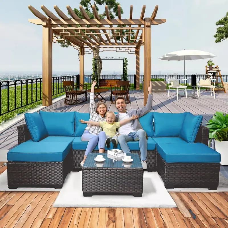 Set Divano Modulabile da Giardino in Polyrattan Cuscini Sfoderabili Blu Tavolino