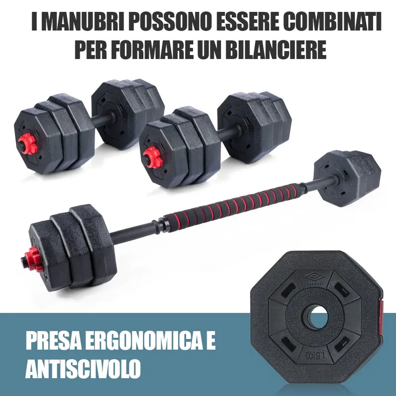 Set Manubri Convertibili in Bilanciere 19kg 12 Dischi Pesi Plastica Durevole