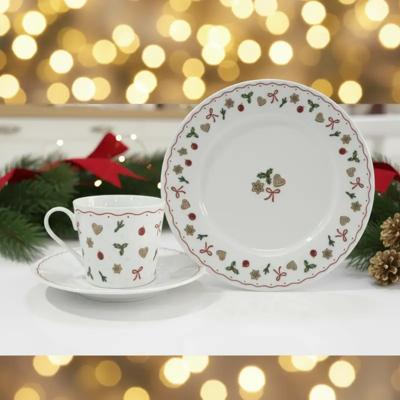 Set Natalizio Porcellana - Tazza con Piattino e Piatto Dolce