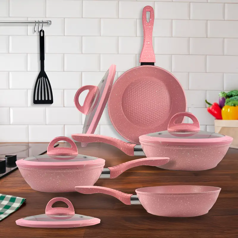 Set Padelle Antiaderenti 9 Pezzi con Coperchi in Vetro Temperato Mono Manico Removibile Senza PFOA Colore Rosa