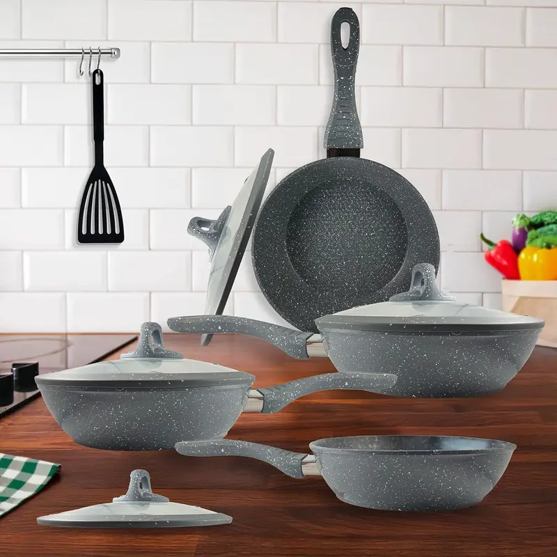 Set Padelle Antiaderenti 9 Pezzi Coperchi in Vetro Temperato Manico Removibile Senza PFOA Colore Grigio