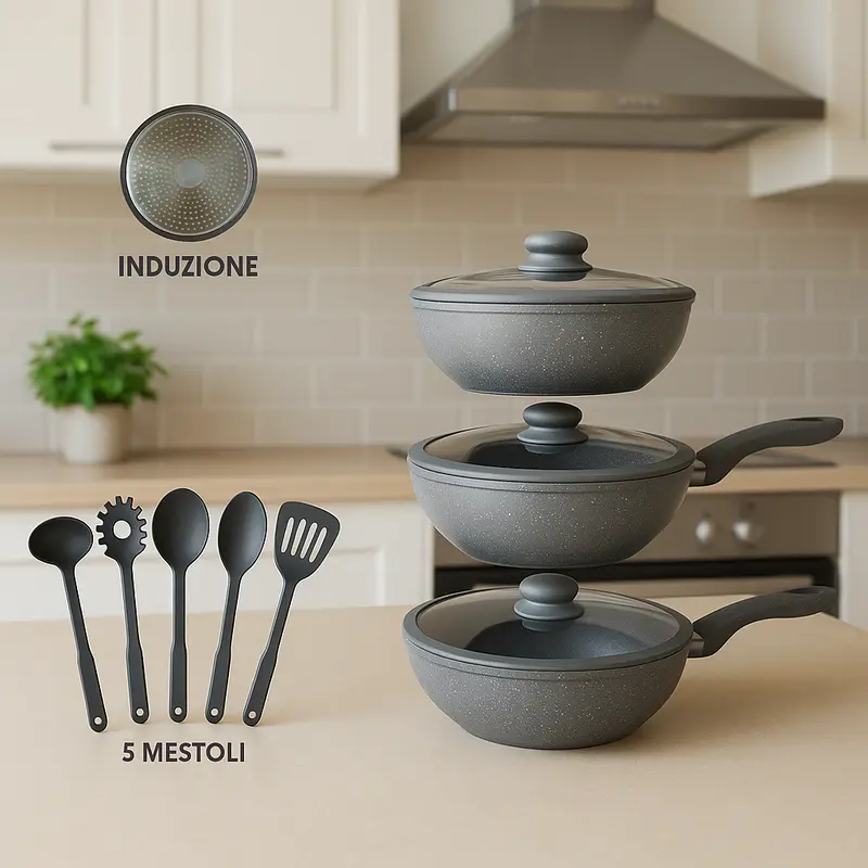 Set Padelle Induzione Pietra Antiaderenti 20/24/28 cm con Coperchi e 5mestoli Grigio