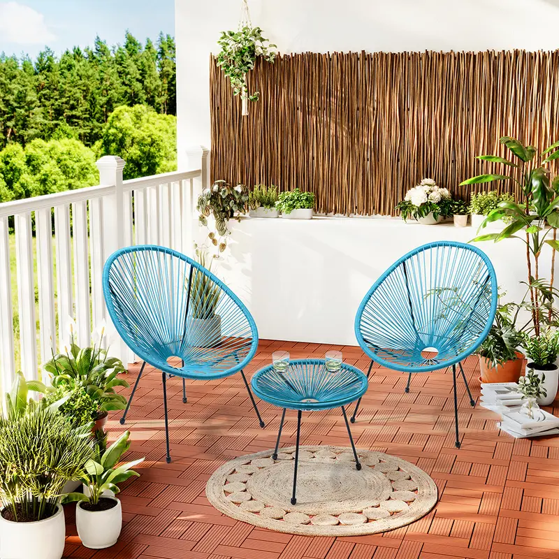 Set Patio in Polyrattan con 2Sedie Tavolino per Giardino Interno Esterno Moderno Azzurro