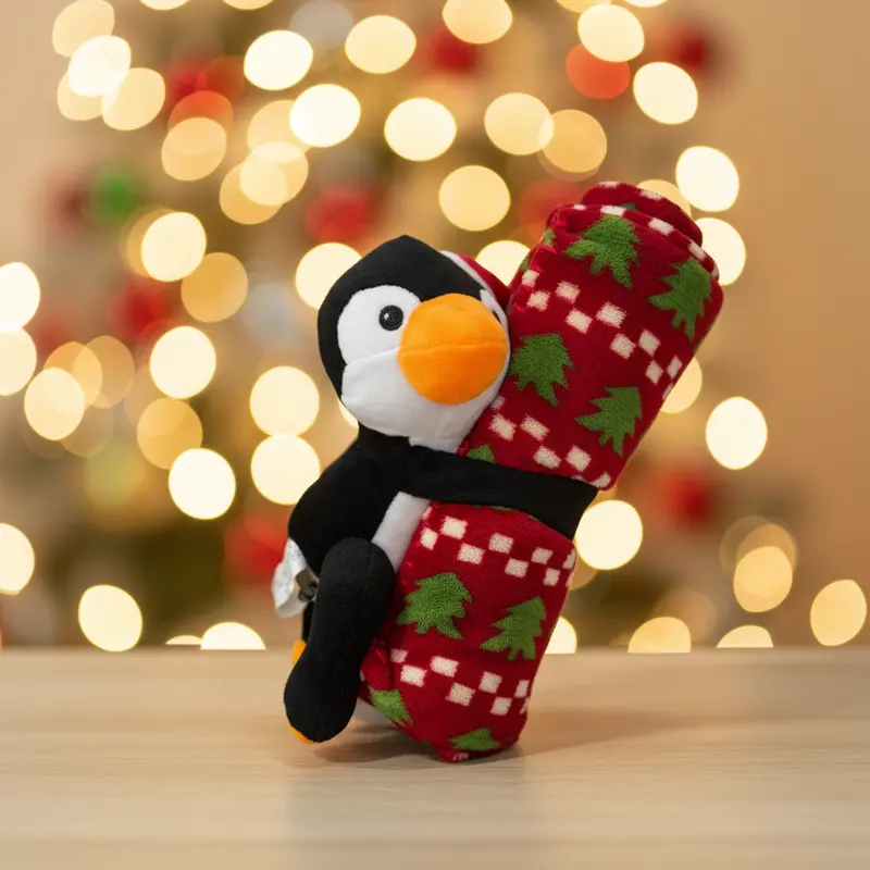 Set Pinguino Peluche + Copertina Natalizia in Pile