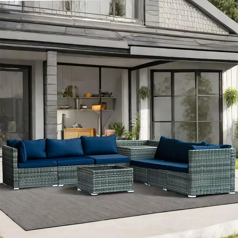 Set Salotto Giardino 8pz Polyrattan Componibile con Cuscini e Tavolo in vetro