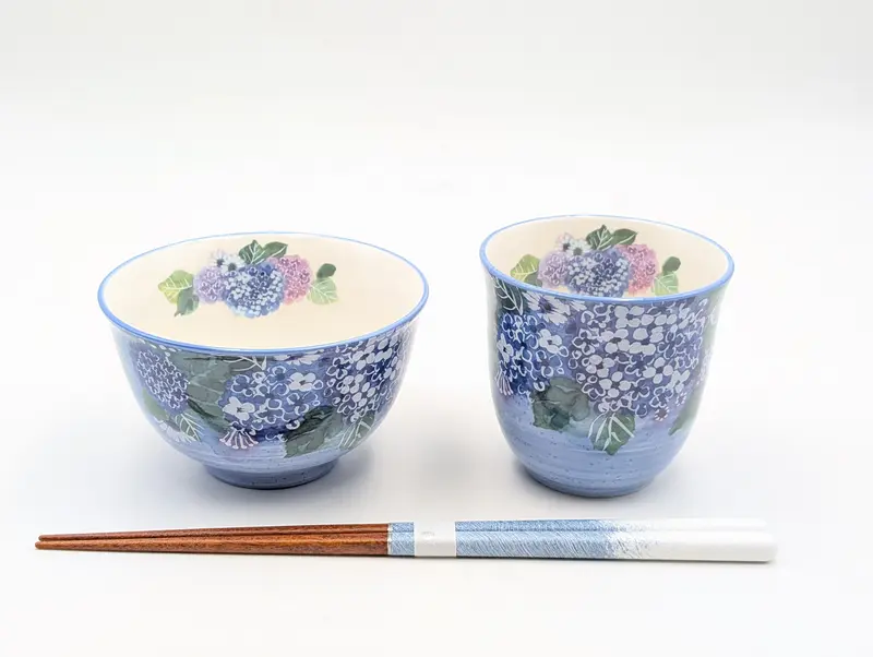 Set tazza, ciotola e bacchette (ortensie)
