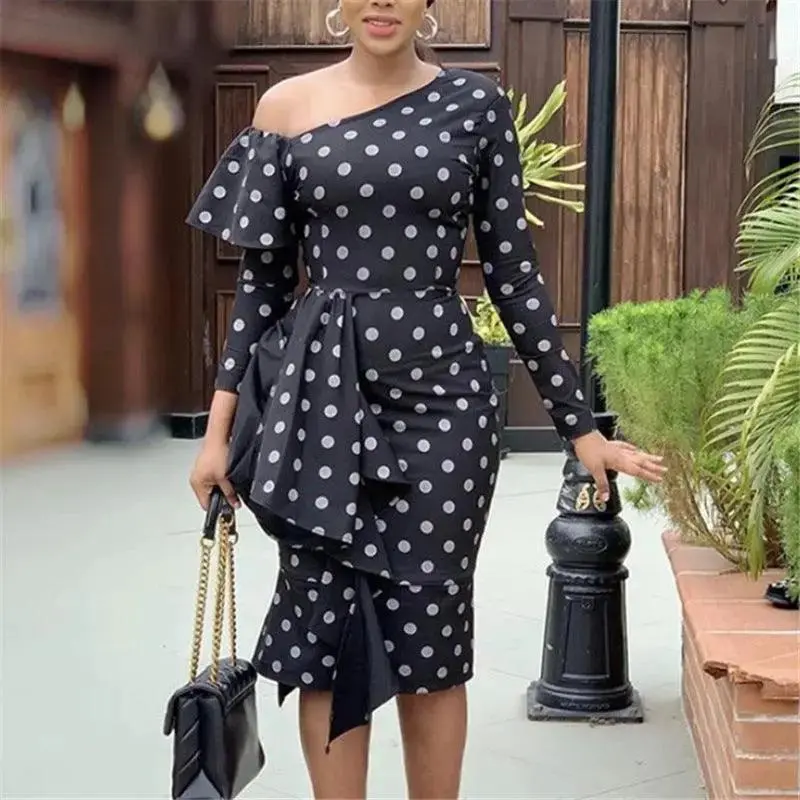 Sexy One-shoulder Long-sleeved Polka-dot High-waisted Slim-fit Large Size Package Hip And Ruffled Dress For Women