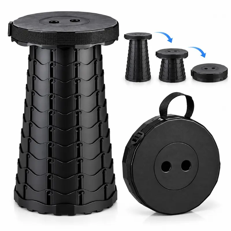 Sgabello Telescopico Pieghevole Portatile Altezza Regolabile Salvaspazio 150 kg Nero