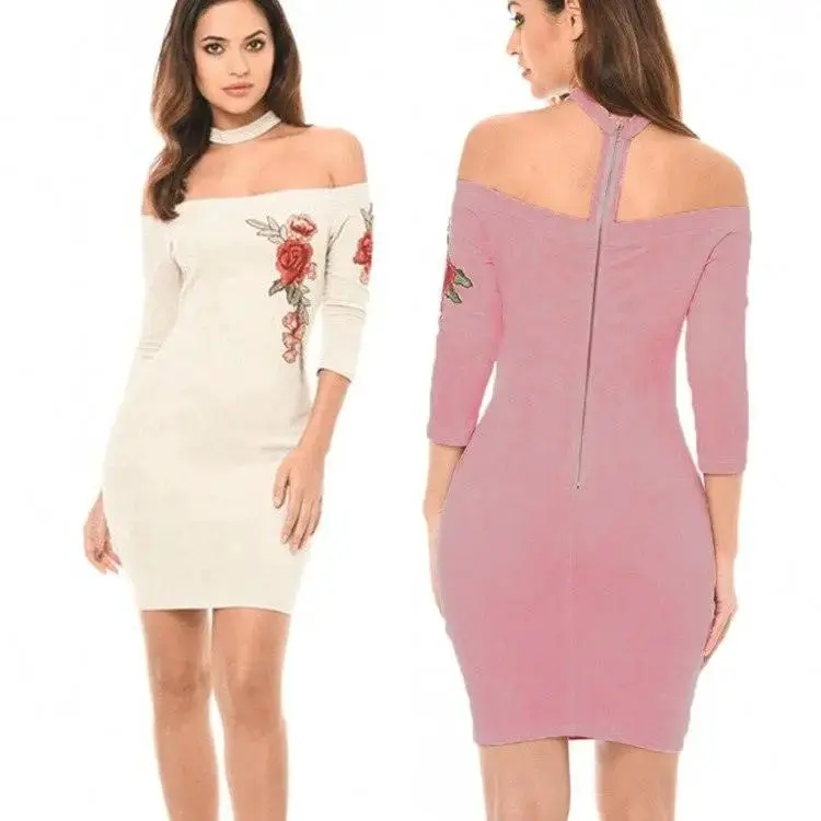Shoulderless Choker Neck Suede Dress Women Rose Flower Embroided Bandage Mini Dress