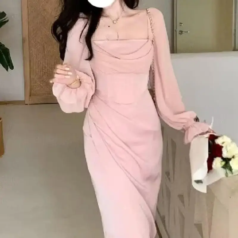 Soft Light Yarn Stitching Three Colors Fishbone Square Collar Dress Retro