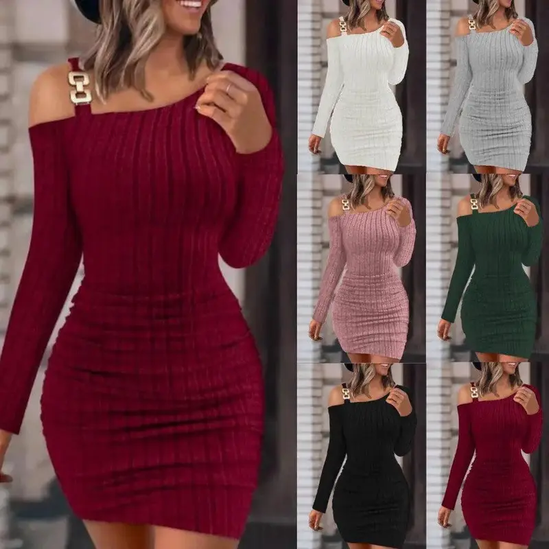 Solid Color Metal Buckle Shoulder Collar Skinny Sheath Long Sleeve Dress Women