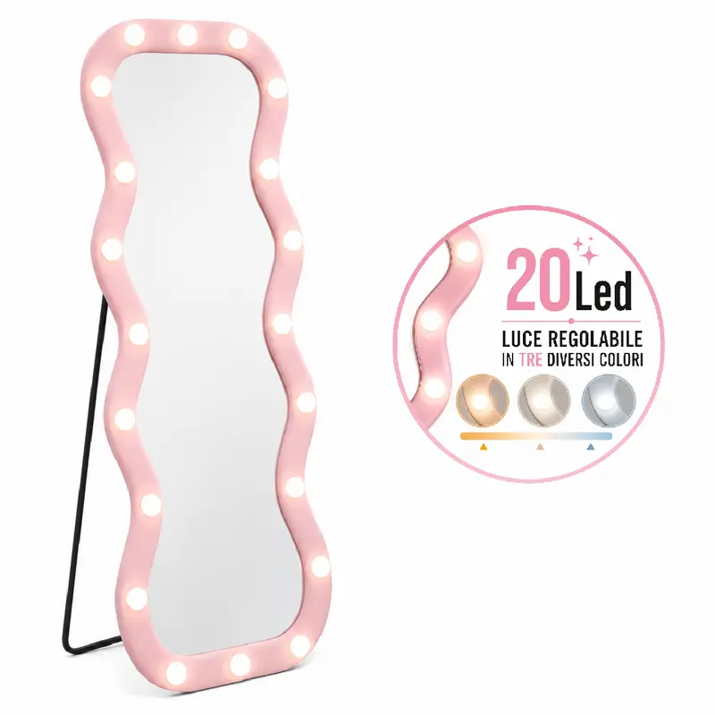 Specchio Grande Ondulato 60x160 cm con 20 Led, Cornice in Velluto Rosa Moderno Accensione Touch